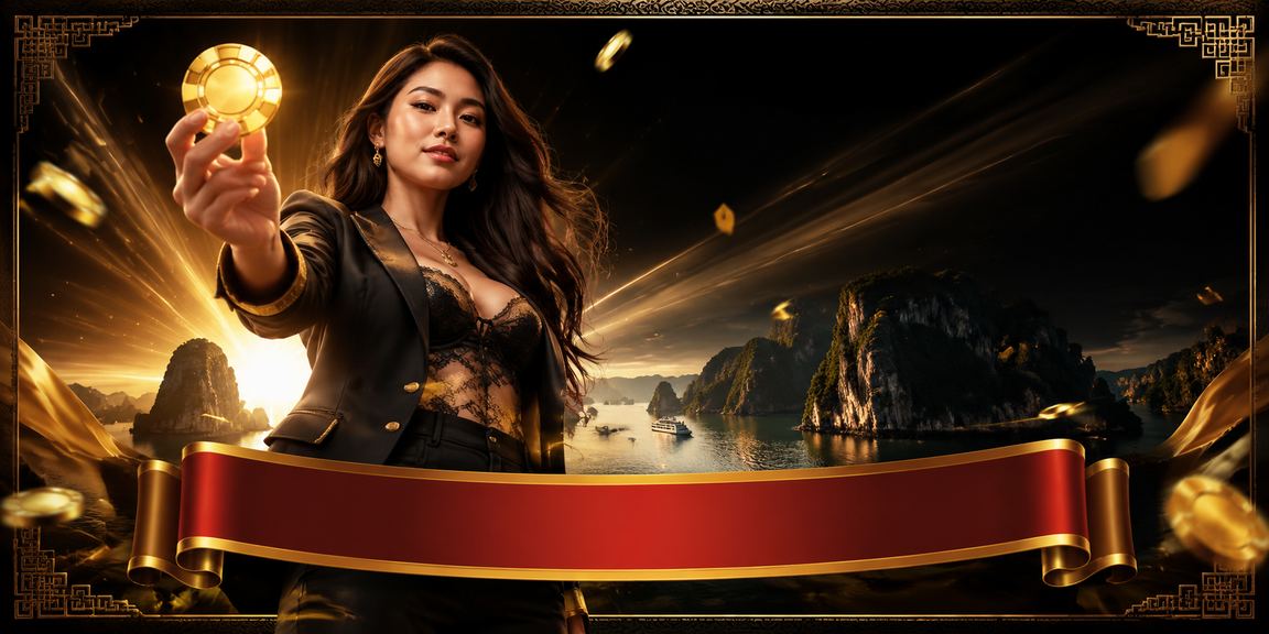 Khung cảnh Vịnh Hạ Long và người dùng tận hưởng trải nghiệm game trực tuyến trên thiết bị di động