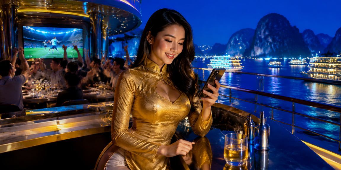 Người dùng trải nghiệm casino mobile tại vịnh Hạ Long với trang phục áo dài truyền thống